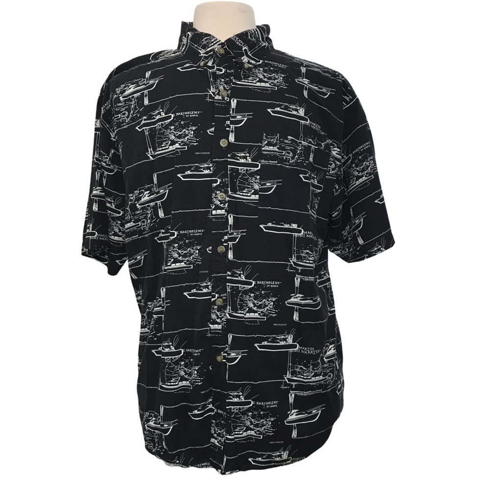 Island Blue Button Up Hawaiian Shirt Mens Sz XL Black Cruise Print Short Sleeves